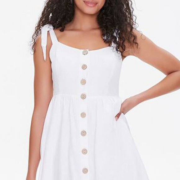 NEW Ivory Linen Blend Tie Straps Button Midi Dress - Picture 5 of 10